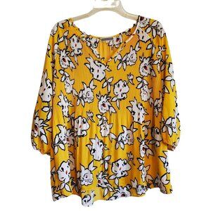 Pleione Pleated Chiffon Yellow Floral V- Neck Blouse